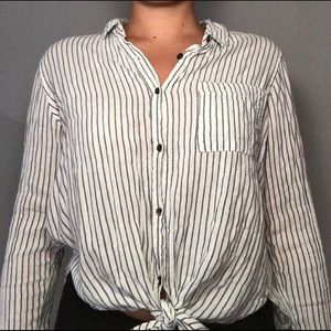 White and blue striped button up